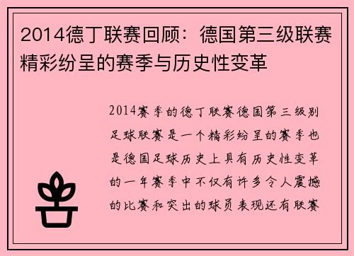 2014德丁联赛回顾：德国第三级联赛精彩纷呈的赛季与历史性变革