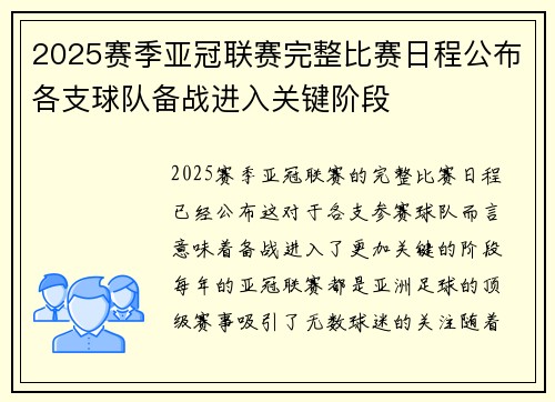 2025赛季亚冠联赛完整比赛日程公布各支球队备战进入关键阶段