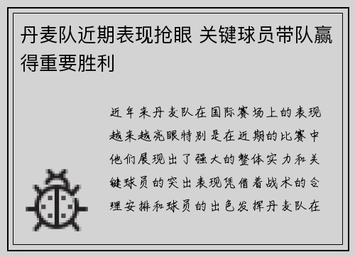 丹麦队近期表现抢眼 关键球员带队赢得重要胜利