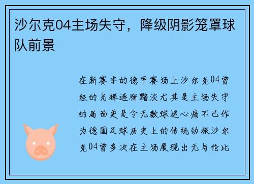 沙尔克04主场失守，降级阴影笼罩球队前景